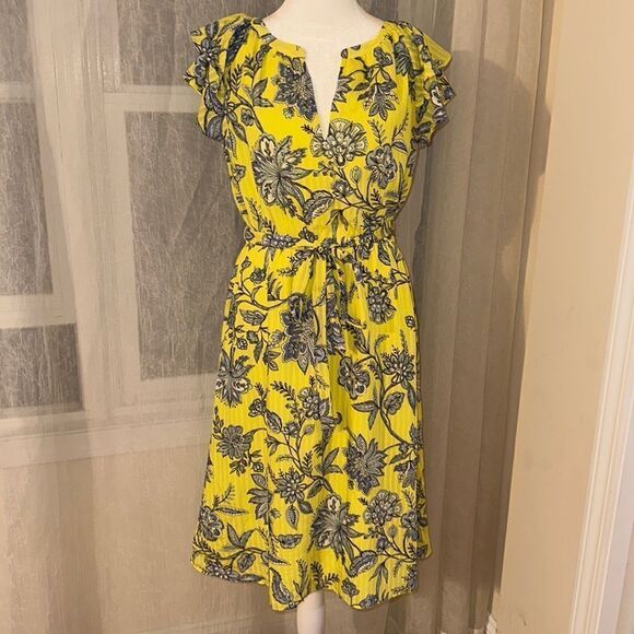LOFT S Neon Yellow Blue White Floral Flutter Short Sleeve A-Line Belted Dress - Picture 1 of 10